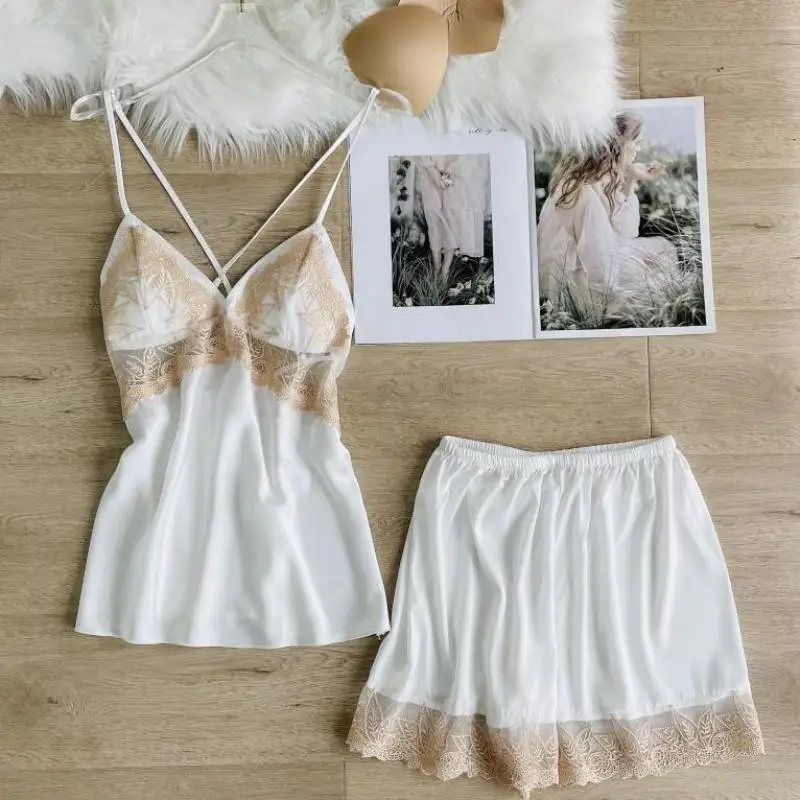 

Women Home Clothing Intimate Lingerie Print Flower Sleep Set 2022 Summer New 2PCS Pajamas Suit Sexy Lace Sleepwear Nightwear