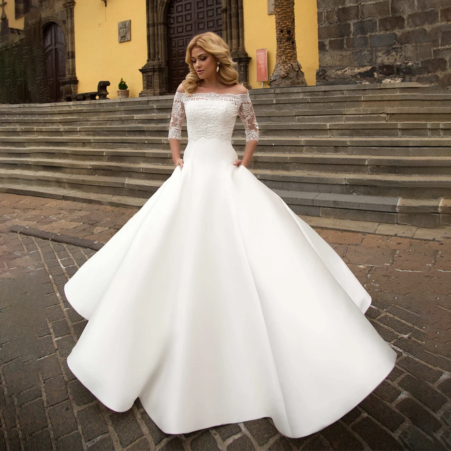 

Off the Shoulder Ball Gown Half Sleeves Wedding Dress with Pocket Elegant Bridal Dress for Weddings vestido de noiva vermelho