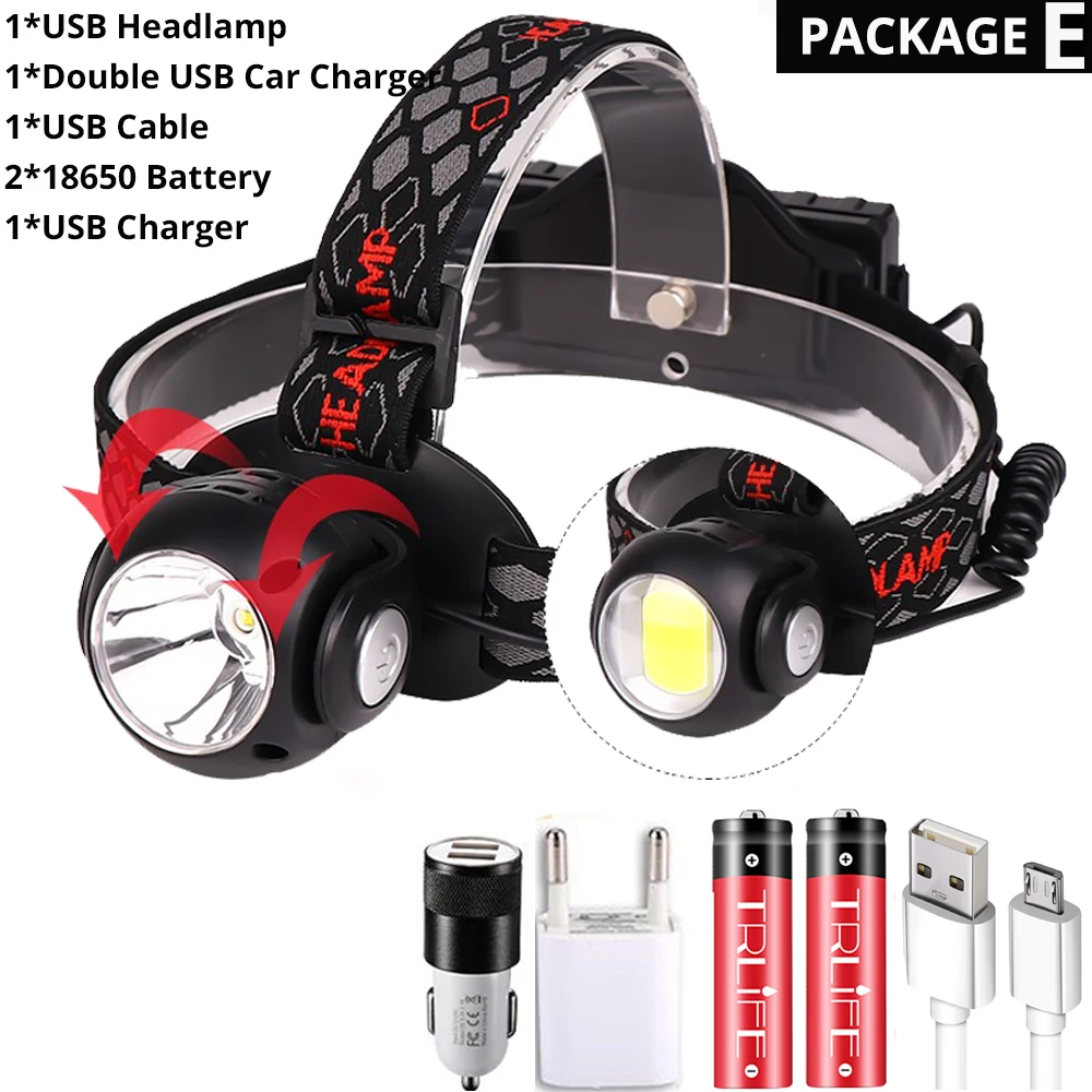 Package E USB головная лампа COB+ T6 светодиодный фонарь 7 Режимы налобного фонаря фонарь Многофункциональный вращающийся красный белый водонепроницаемый фонарик 2*18650 - Испускаемый цвет: Package E