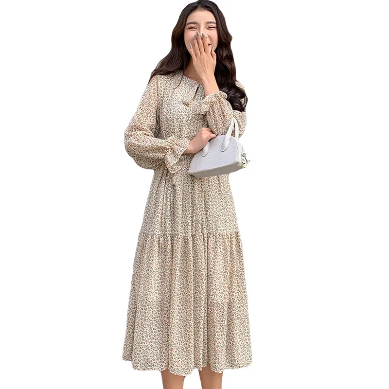 Женское винтажное платье с цветочным принтом вечерние нным рукавом и воротником