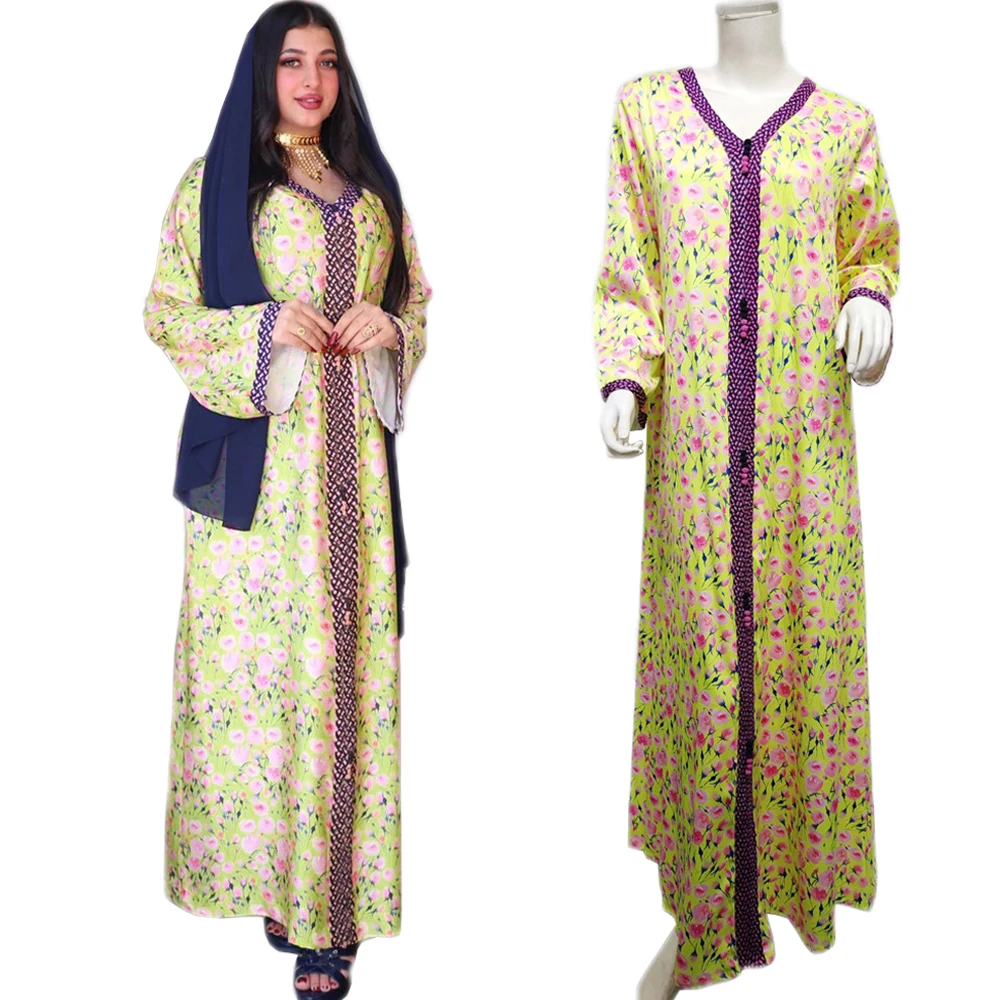 Дубай Кафтан мусульманские женщины абайя Исламская одежда арабский цветочный принт длинное платье Турция Ближний Восток марокканский этн...