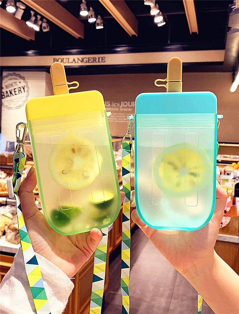 

Cute Kids Water Bottles with Straws, Cream Popsicle Leakproof Plastic Drink Water Bottles, Adjustable Shoulder Strap for Outdoor