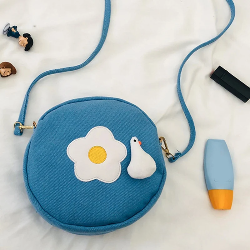 Japanese Cute Plush Duck Flower Canvas Small Round Bag Art Student Shoulder Messenger | Багаж и сумки