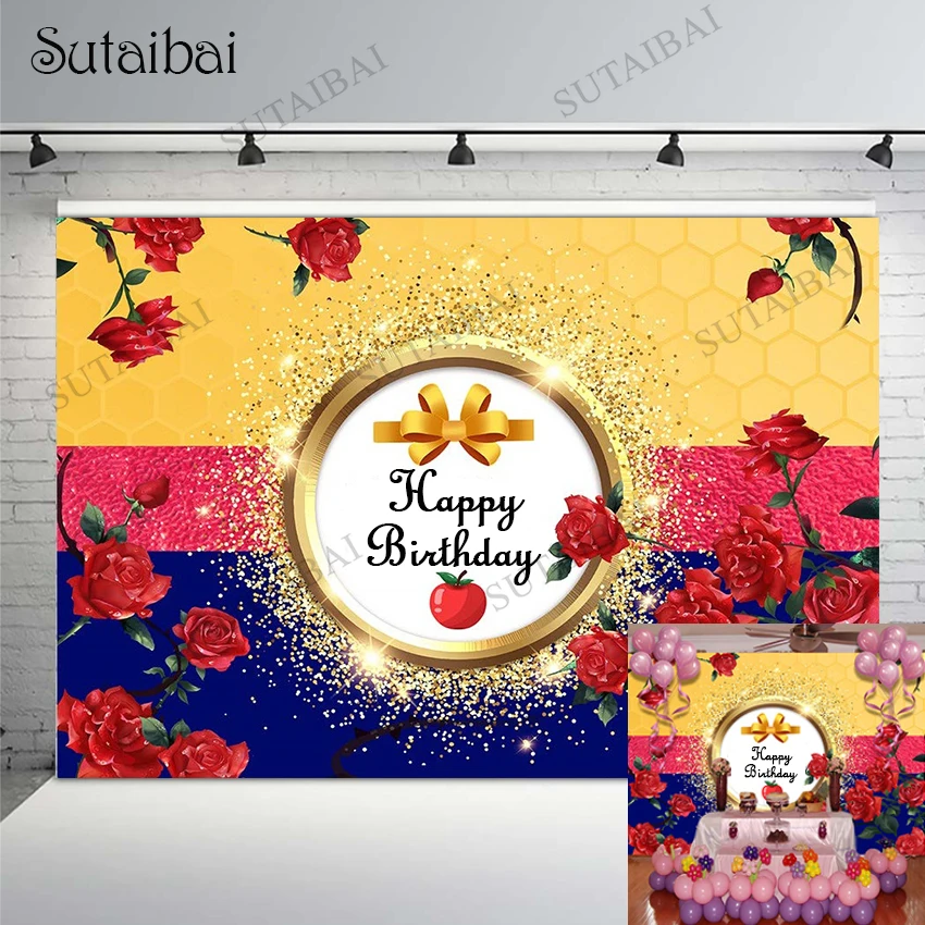 

Royal Blue Princess Birthday Backdrop Apple Bow Gold Frame Glitter Photography Background Red Rose Flower Sweet Girl Party Decor