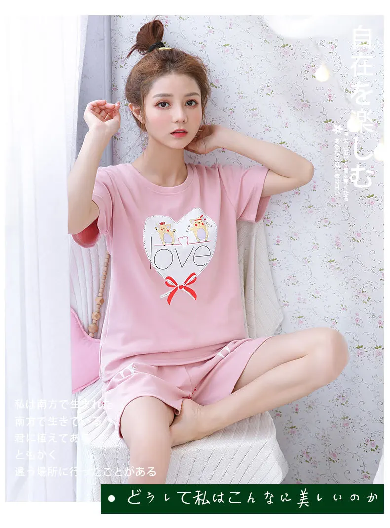 2021 New Women's Pajamas Sets Cotton Cartoon Printed Spring Summer Nightwear Short Sleeve Shorts Sweet Home Wear Sleepwear