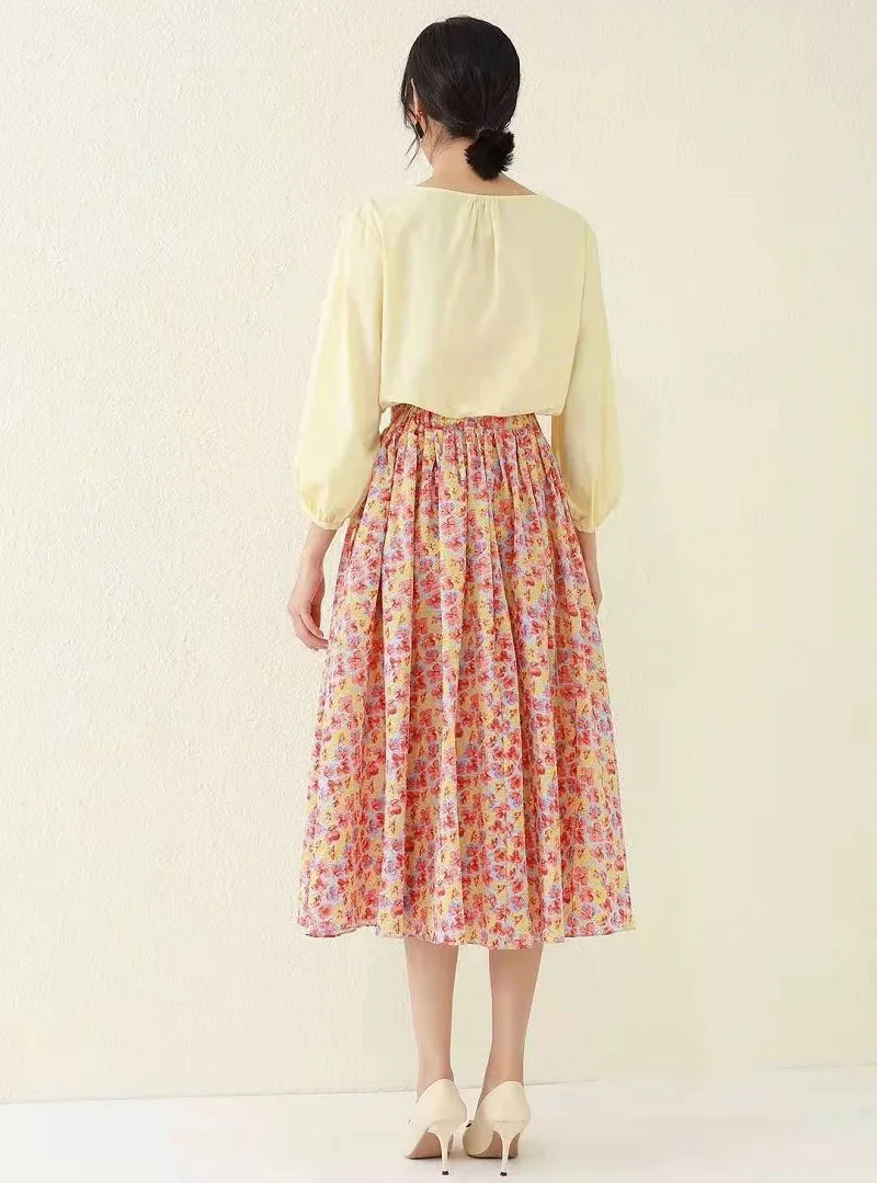 

2021 Crop Sets Spring Summer Fashion 2 Piece Sets Women Lantern Sleeve Sexy Crop Tops+Sweet Little Floral Print Big Swing Skirt