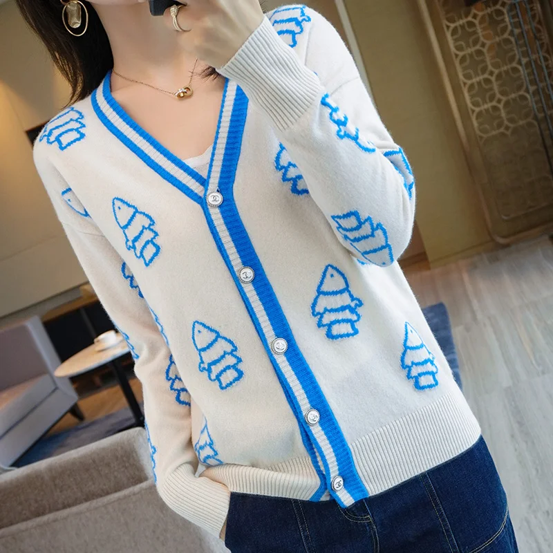 

100% Pure Wool Sweater Woman V-Neck Color Matching Cardigan Fashion Self-cultivation Warm Knitted Jacket Spring and Autumn New