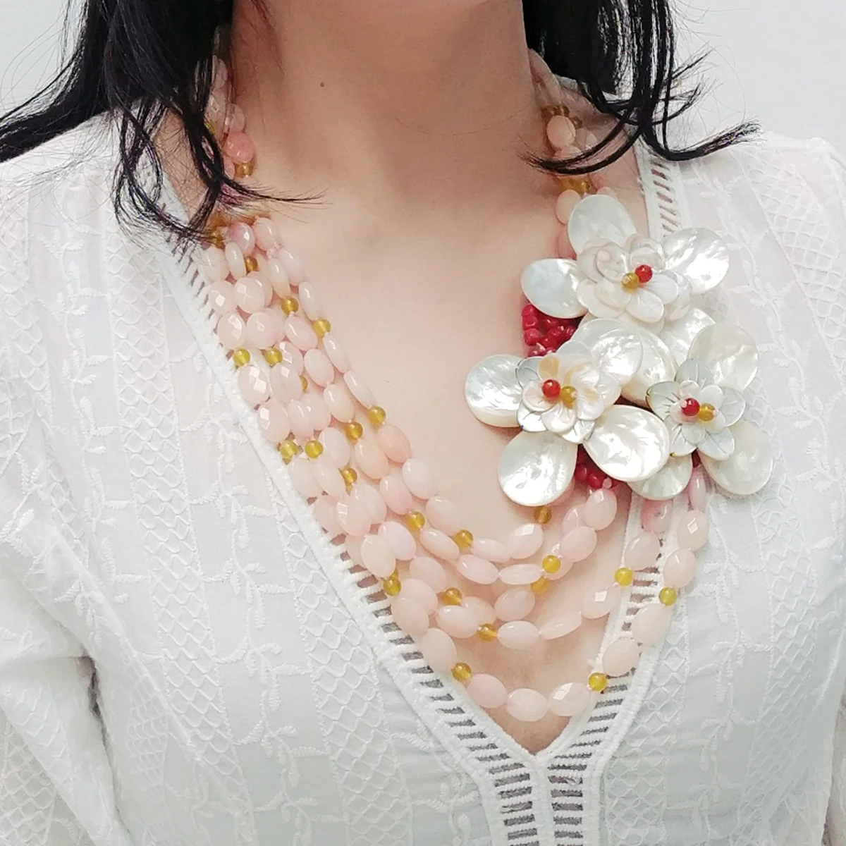 

Lii Ji Real Stone Pink Color Statement Necklace 62cm Pink Jade Lemon Jade Mother of Pearl Flowers Necklace Stocksale ONLY 1PCS