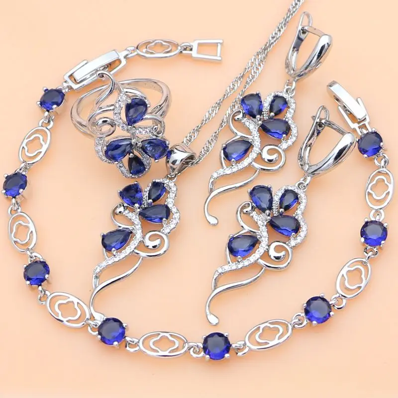 Silver 925 Bridal Jewelry Set Blue Sapphire White Crystal Costume for Women Stones Leaves Earrings Ring Bracelet Necklace Set