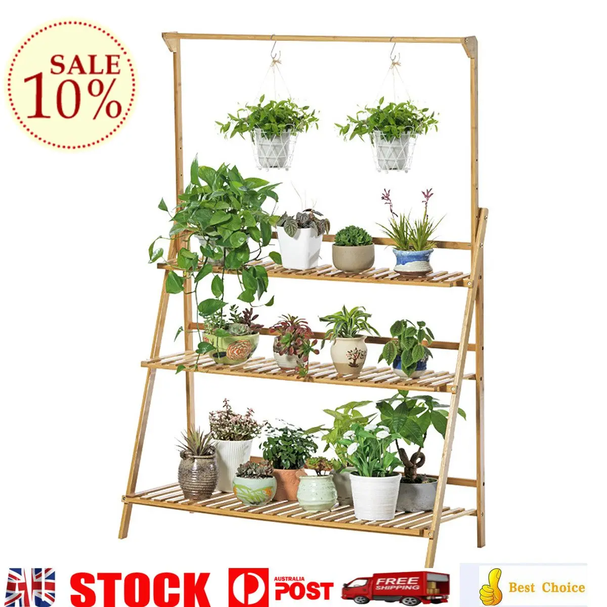 

Bamboo 3-Tier Hanging Plant Stand Planter Shelves Flower Pot Organizer Rack Folding Display Shelving Plants Shelf Unit Holder