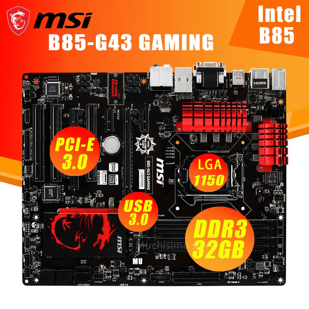 Игровая Материнская плата MSI B85 G43 LGA 1150 DDR3 32 Гб IntelPCI E 3 0 SATA III II USB б/у|Материнские