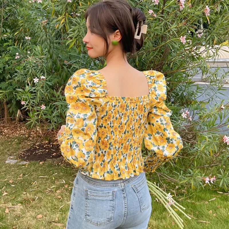

Women's Floral Print Square Collar Blouse Summer Puff Long Sleeve Sexy Sweet Chiffon Shirts 2021 blusas y camisas chemise femme