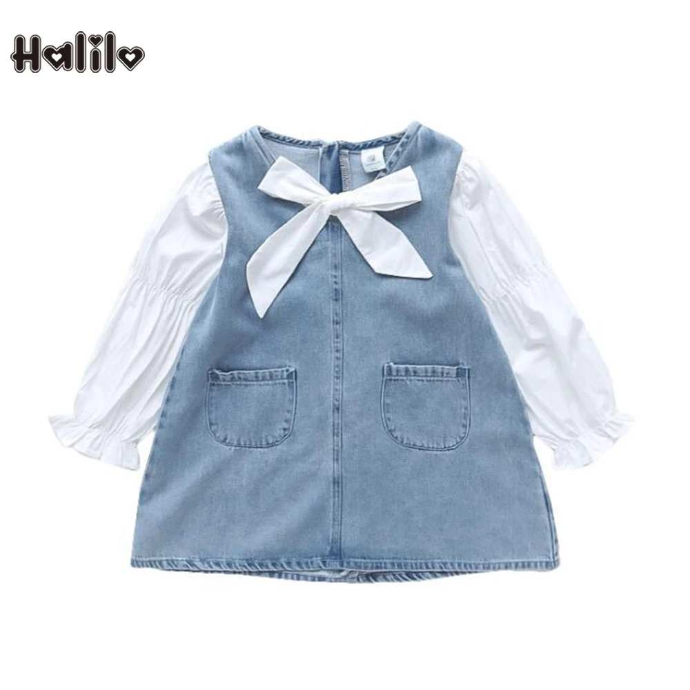 

Halilo осенние платья для девочек синие джинсовые с длинным рукавом Пэчворк бутик детской одежды Рождественские костюмы принцессы