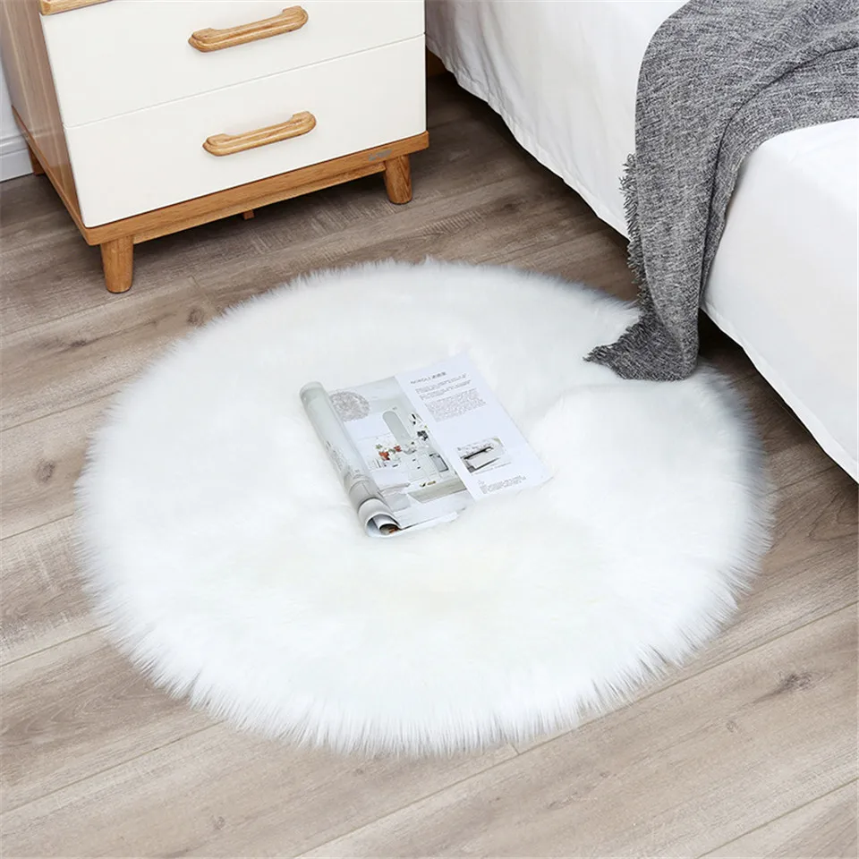 

Big Round Carpet White Fluffy Furry Rug Soft Artificial Wool Sheepskin Carpet For Bedroom Living Room Floor Mat Shaggy Rug