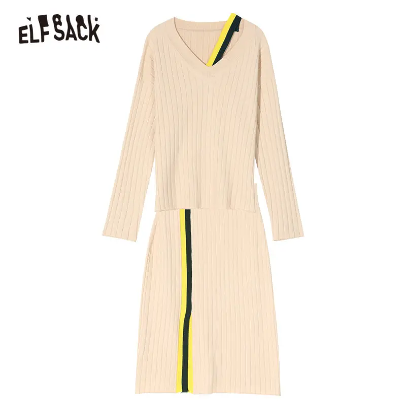 ELFSACK, однотонный, в клетку, с цветными блоками, комплект из двух частей, женское платье, осень, длинный рукав, с разрезом, повседневное, офисное, женское платье