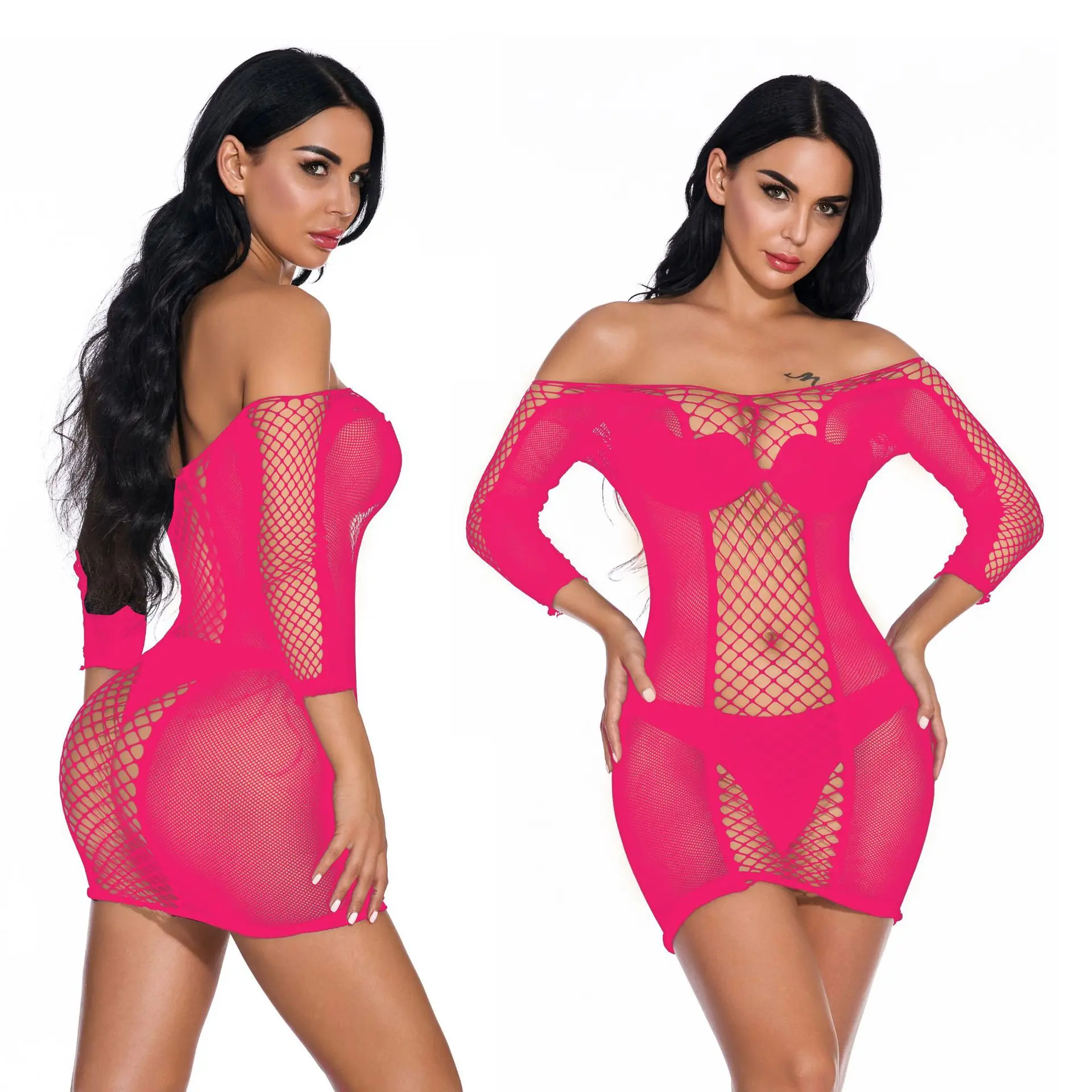 

2020 Hot Bodysuit Female Fishnet Exotic Sexy Lingerie Babydoll Lace Off The Shoulder Mesh Long Sleeve Bodycon Dress for Women