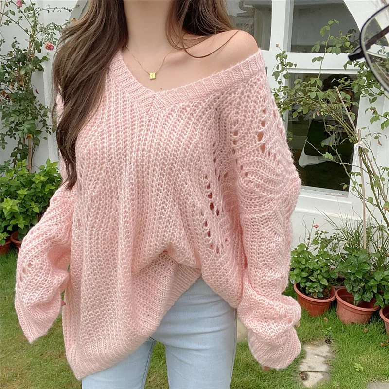 

Limiguyue Autumn Loose Hollow Out Pullovers Basic Crochet Knitting Tops Women Long Sleeve V Neck Sweater Sweet Outwear K2914