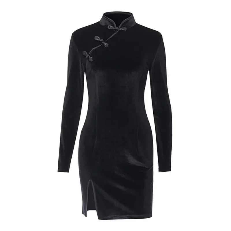 Готическое винтажное сексуальное черное облегающее платье Cheongsam женское в
