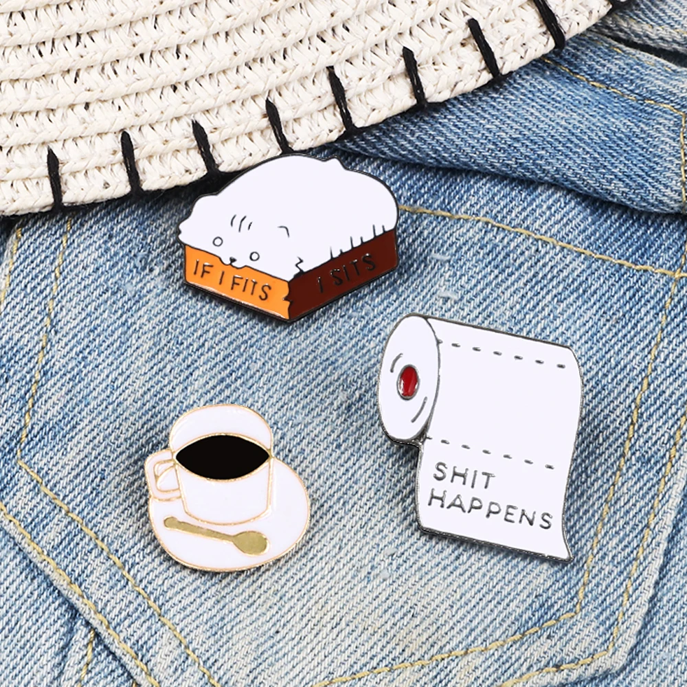 Roll Paper Shit Happens! Creative Brooches Funny Cat Box Enamel Pins Black Coffee Icon Badge Backpack Clothes Lapel Jewelry Gift