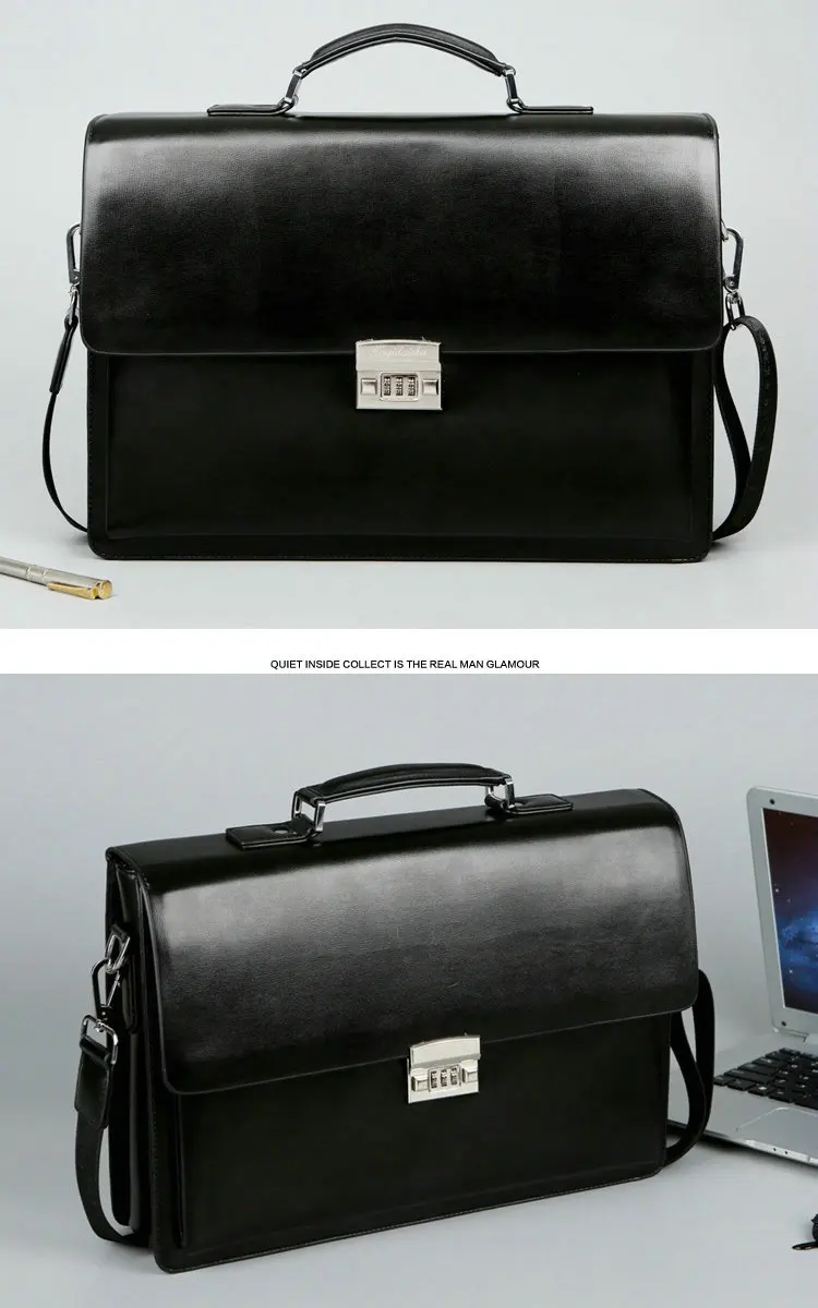 Business Men's Bag Large Capacity Cowhide Leather briefcase Horizon Password Lock Shoulder Messenger Bag