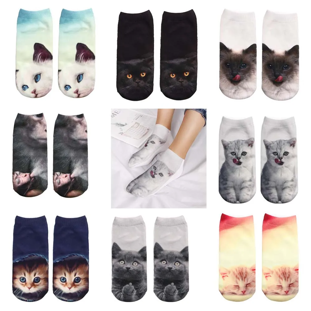 

1 Pair New 3D Cat Printing Socks Women Funny Cartoon Cat Short Socks Lovely Cotton Low Cut Ankle Socks Calcetines Mujer