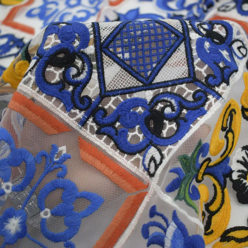 

5 yards Blue and white porcelain high-end mesh embroidery fabric for lace dress bazin riche getzner tissu telas tissus stoffen