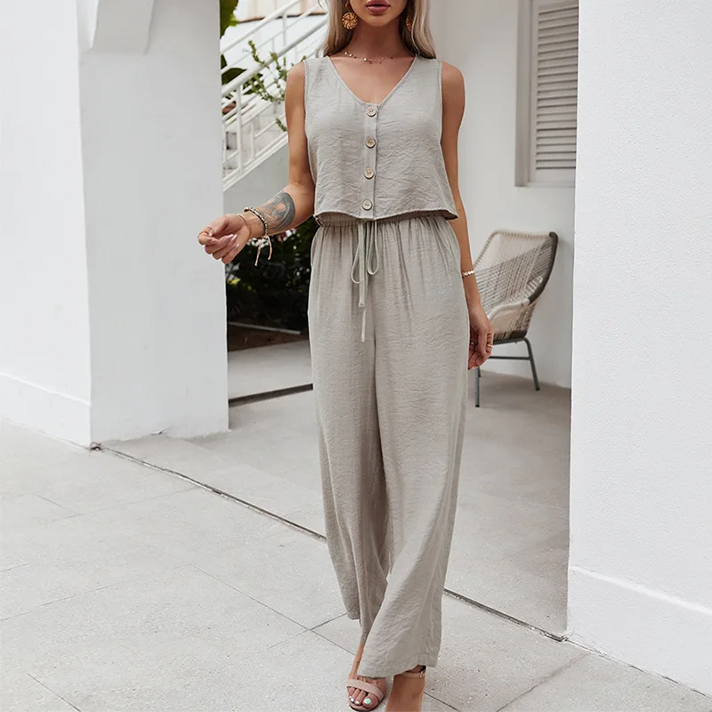 

2021 Fashion Spring Summer Vest Set Women Casual Solid Color Loose Wide Leg Trousers Tracksuit Sets For Women New 2 pieces Sets