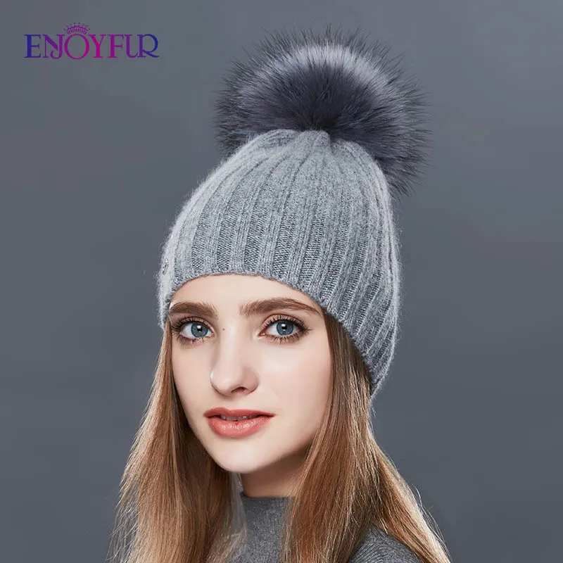 Enjoyfur мода вертикальные полосы зима Шапки для Для женщин кашемир вязаная шапка