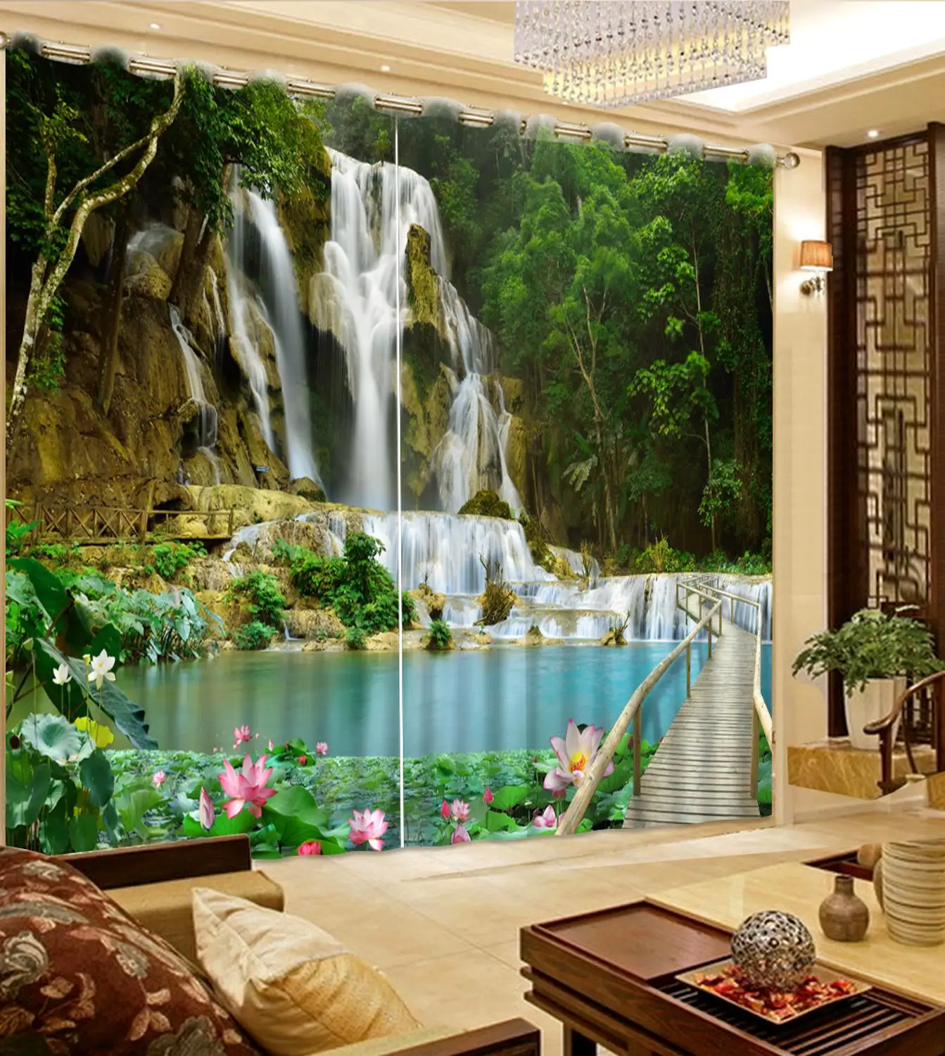 customize Scenic waterfall blackout curtains For living room bedrooms chinese window curtain |