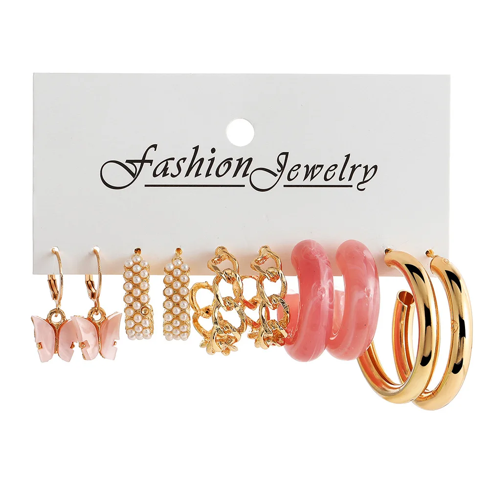 

Trendy Gold Color Butterfly Hoop Earrings Set for Women Girls Geometric Irregular Metal Pearls Resin Acrylic Earrings Jewelry