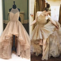 2019 high low gold prom dresses real photo weddings halter beaded puffy formal evening special occasion prom dress custom made
