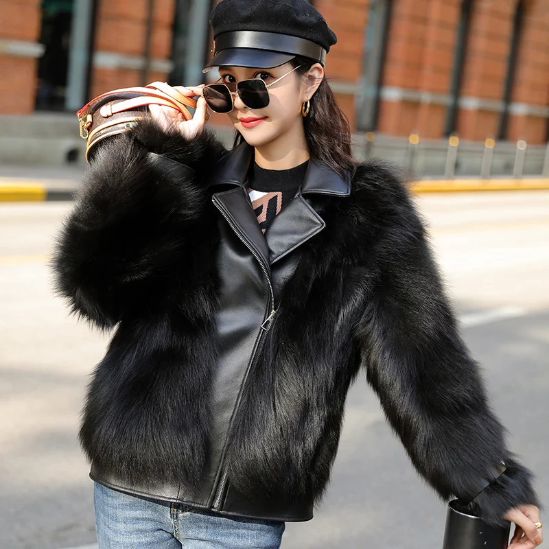

JCHB 2021 Real Fox Fur Coat Female Sheepskin Woman Jacket Autumn Winter Clothes Women Motorcycle Fashion Mulheres Casacos Pph22