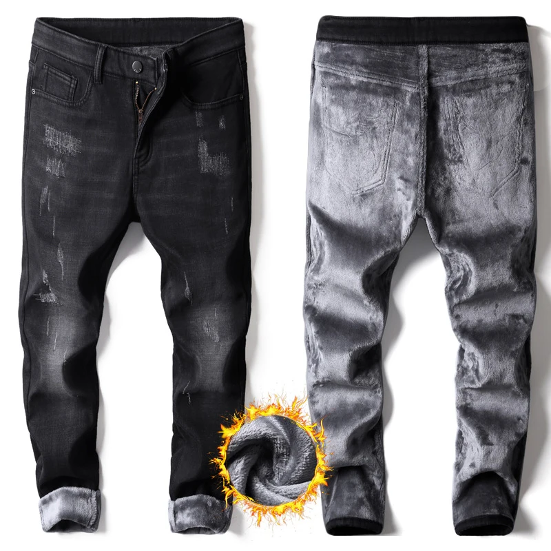 Ropa De Hombre 2020 Winter Warm Pants Fleece Lined Stretch Thick Velvet Plus Size 38 Casual Jeans Men