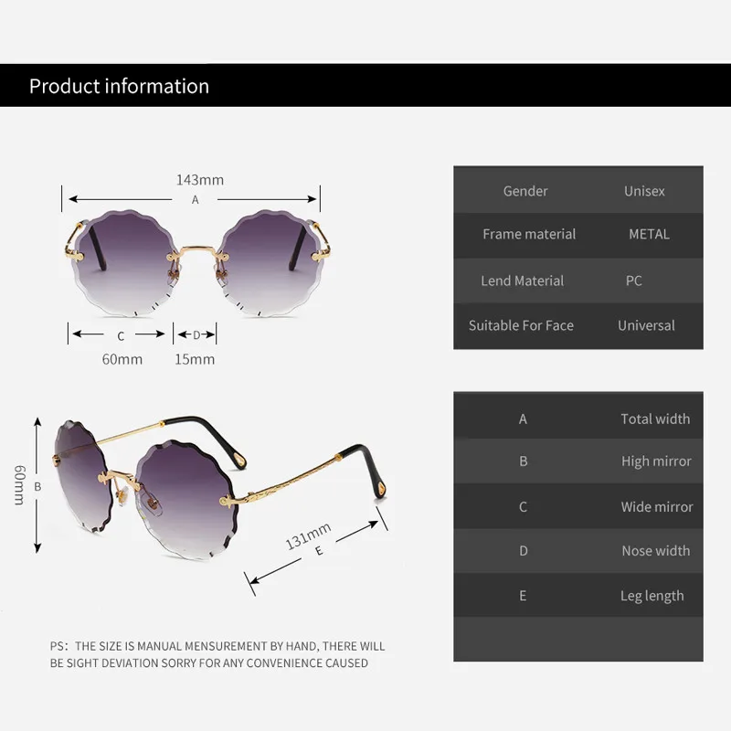 

Luxury Round Sunglasses Women Brand Designer Rimless Sun Glasses for Female Tint Fashion Rosie Eyewear