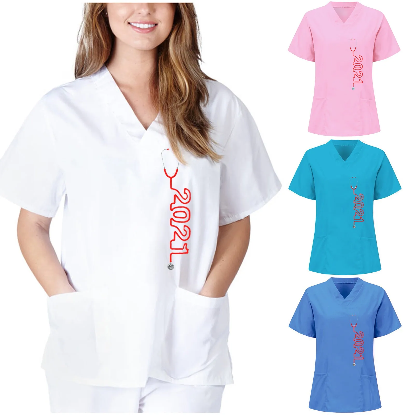 

Women Short Sleeve V-neck Loose Working Uniform 2021 Printing Daily Shirt Comfortable Working Uniform T-Shirt Carer Top
