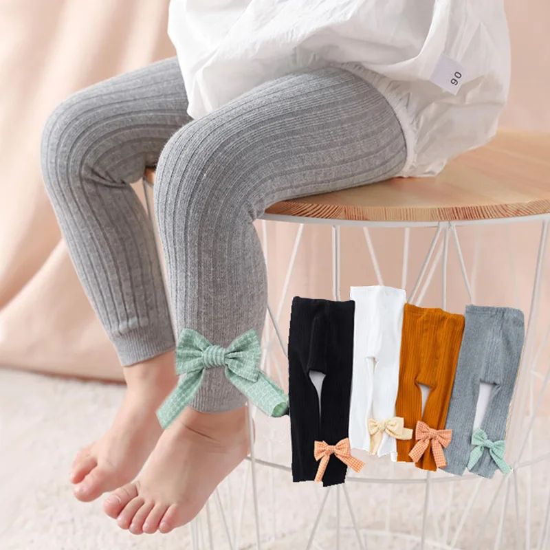 

Girls Leggings Baby Clothing Candy Color Elastic Children Pants Toddler Kids Ribbed Leggings Bowknot Cotton 2021 Spring Autumn