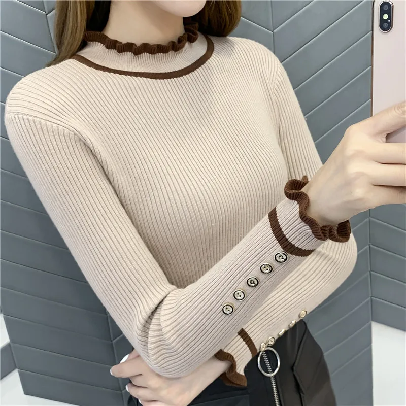 OHCLOTHING5344-женские свитера 2019New Женский пуловер высокая эластичность falbala вязаный кружевной воротник подходит ко всему джемпер - Цвет: Khaki