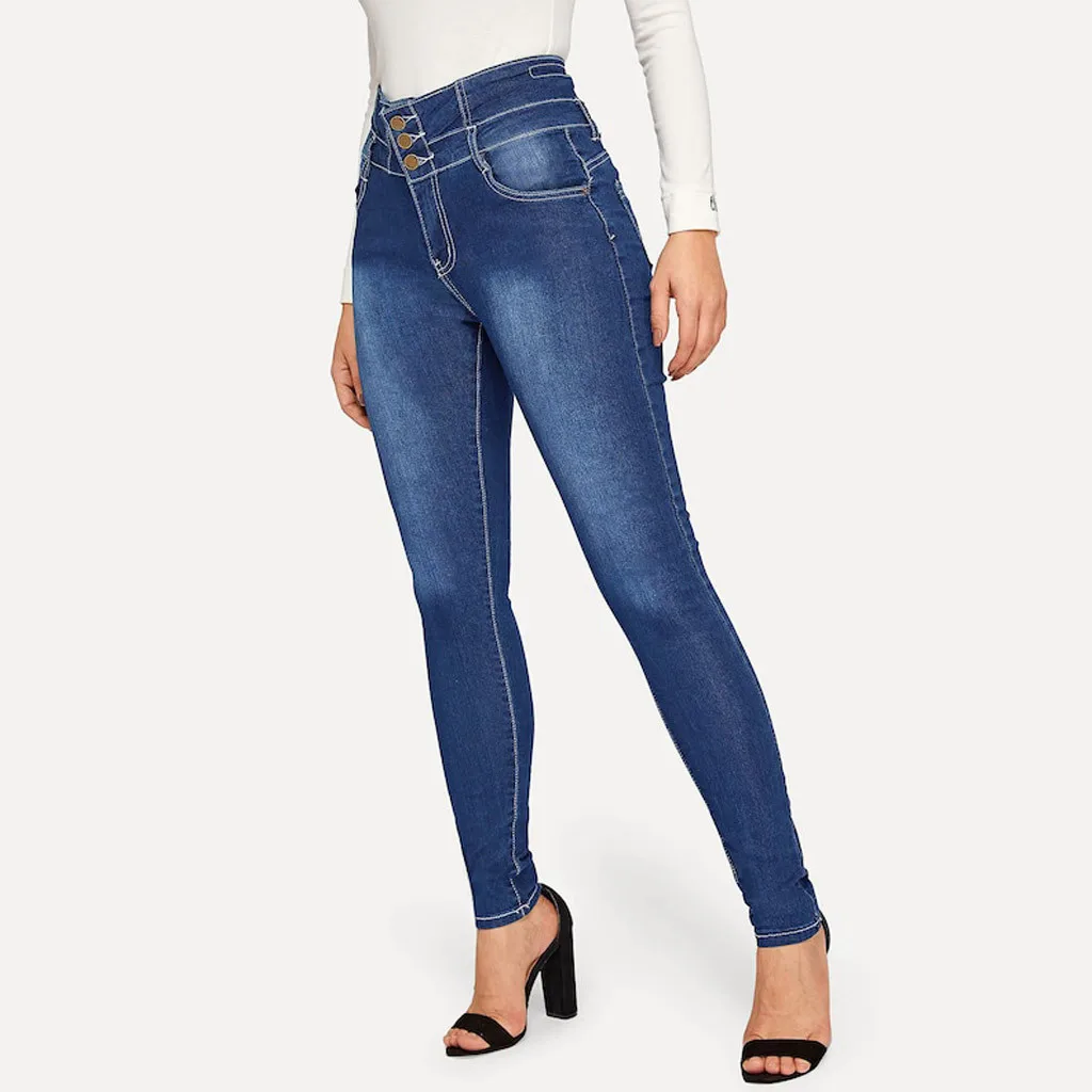 Women Autumn Elastic Button Jeans Female Pant Slim Stretch Jeans Blue Ladies Small Feet Cropped Pencil Pant#BL20
