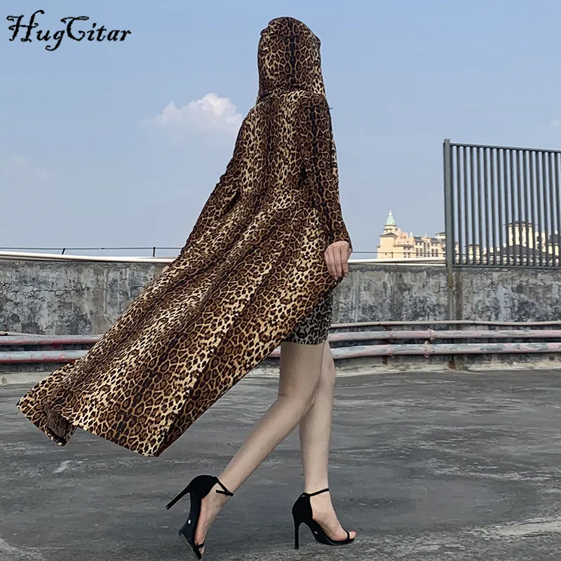 Hugcitar leopard print long sleeve hooded trench coats autumn winter women streetwear windbreak outfits