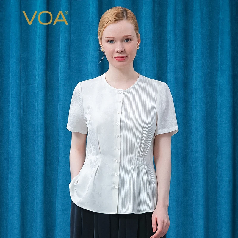 

VOA Summer Silk Jacquard Jasmine White Blouse BE619 Round Neck Short Sleeve Tops Bump Splicing Asymmetric Fold Women Shirts
