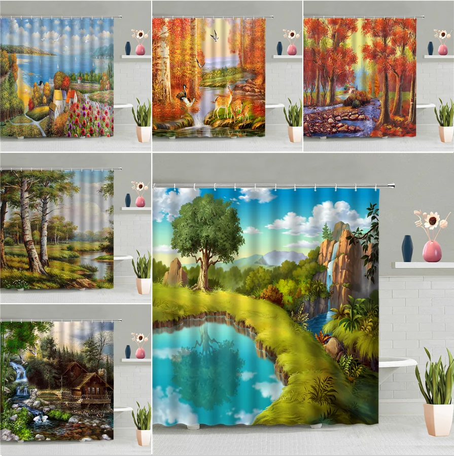 

Natural Scenery Shower Curtain Set Oil Painting Forest Red Maple Leaf River Green Plant Wood House Waterfall Elk Bathtub Screens