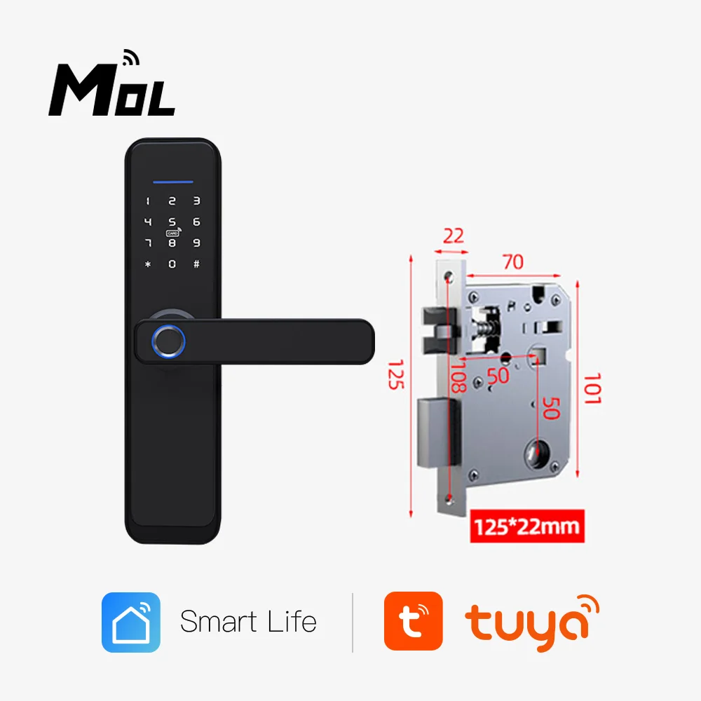 

Tuya Wifi X2 22*125 BLACK Electronic Door Lock Security With Tuya Remotely/Biometric Fingerprint/Smart Card/Password/Key Unlock
