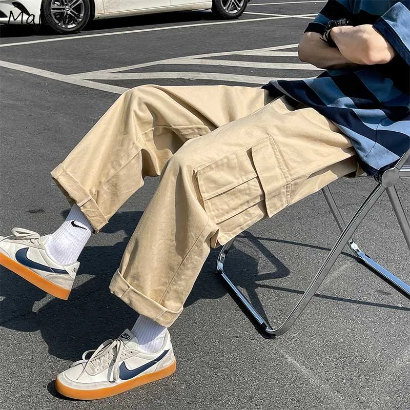 Männer Cargo Hosen Gerade Baggy Multi-tasche Kordelzug Hosen Ankle-länge Japanischen Mode Lässig Großen Größe S-3XL Streetwear
