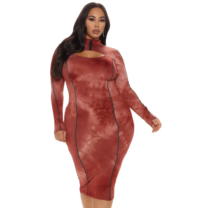 

Tie Dye Pencil Dress Women Zipper Stand Collar Mid Calf Robes Spring Autumn New Patchwork Hollow Streetwear Long Dress Vestidos