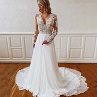 chiffon lace wedding dress with long sleeves plus size women robe de see through appliques v neck sweep train a line bridal gown