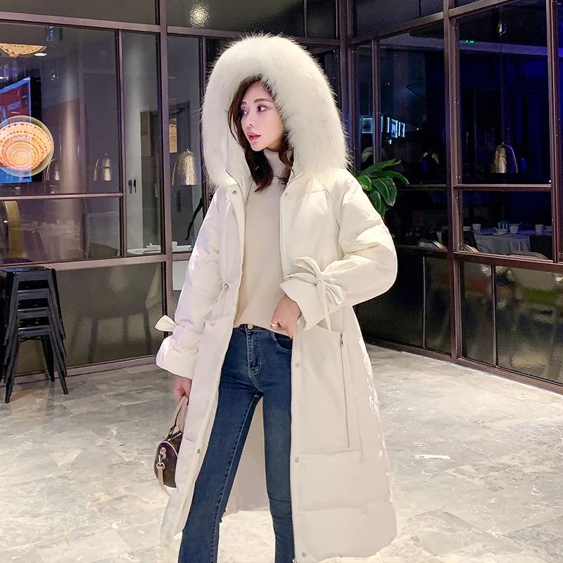 Женский длинный пуховик с капюшоном зимняя теплая парка на белом утином пуху