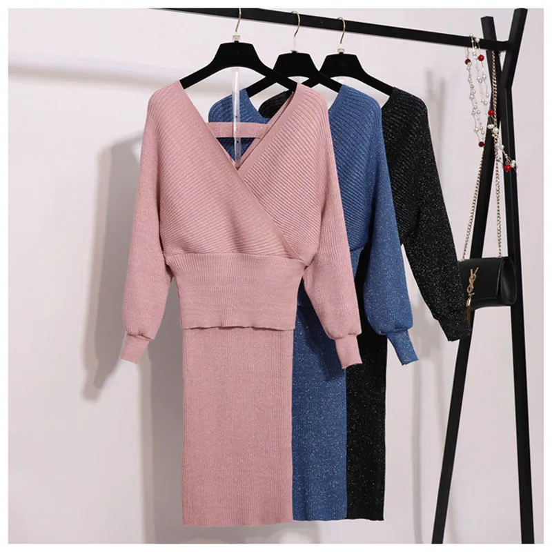 2019 шикарный трикотажный Женский комплект 2 шт. свитер с рукавом фонариком и v