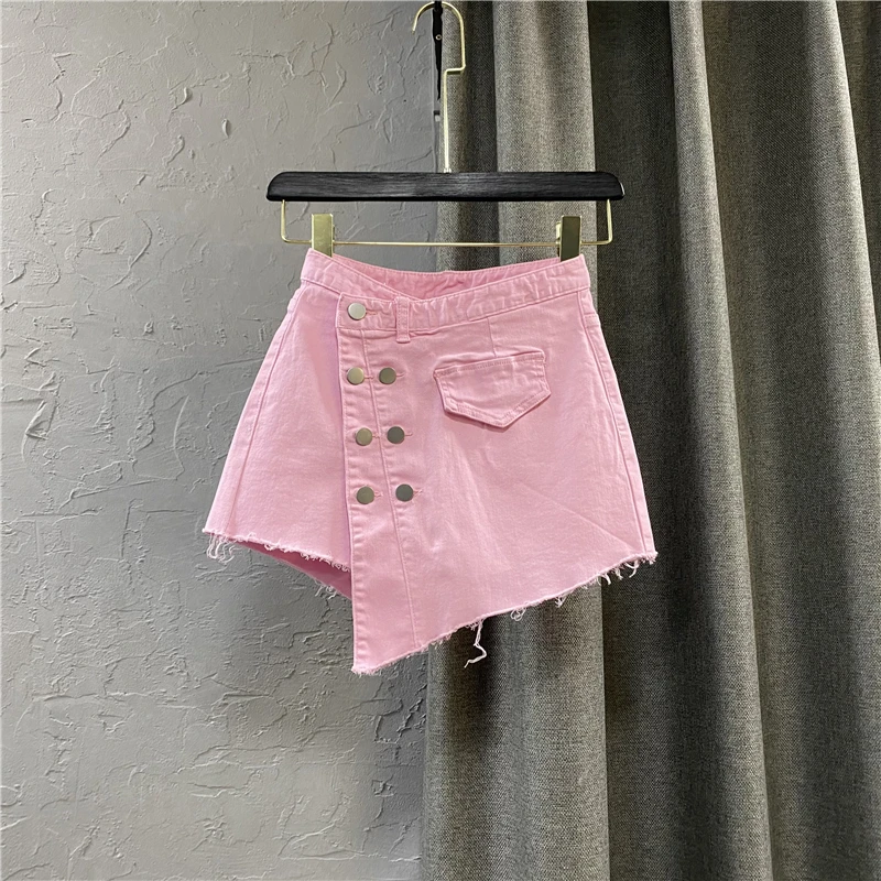 

Уличные розовые джинсовые шорты, женские джинсовые шорты с высокой талией, штаны А-силуэта, асимметричные кюлоты, женские горячие брюки, лет...