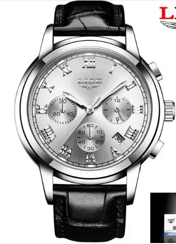 L Silver white LIGE, новинка, часы для мужчин, люксовый бренд, хронограф, мужские спортивные часы, водонепроницаемые, все стали, кварцевые, мужские часы, Relogio Masculino+ коробка - Цвет: L Silver white