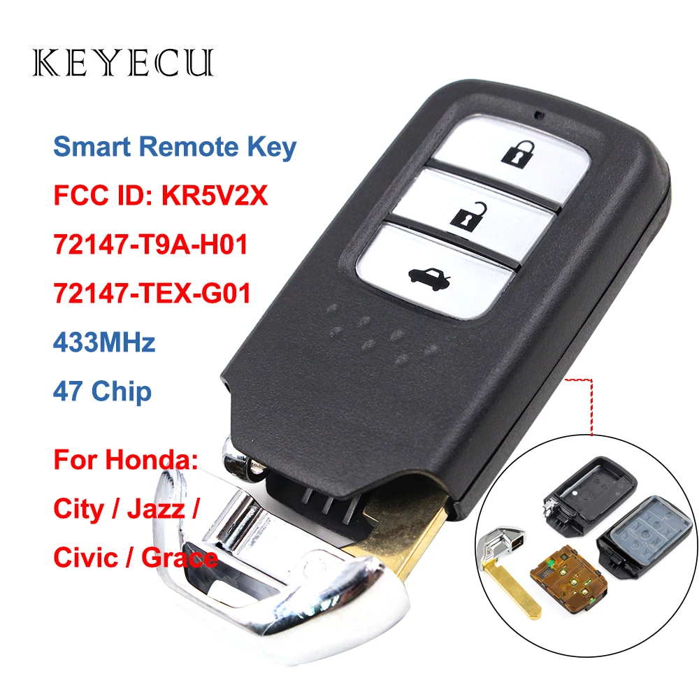 Смарт устройство Keyecu с 3 кнопками 433 МГц ID47 чип для Honda City Jazz Civic Grace 2015 + FCC ID: KR5V2X|Ключ